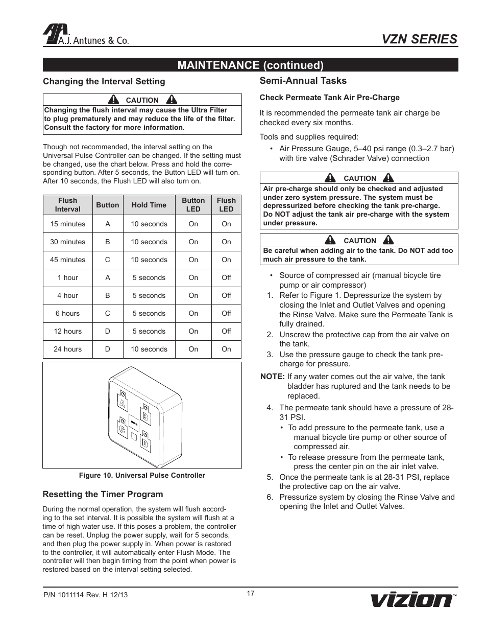 Vzn series, Maintenance (continued), Semi-annual tasks | A.J. Antunes & Co VZN-441HC 9700772 User Manual | Page 17 / 24