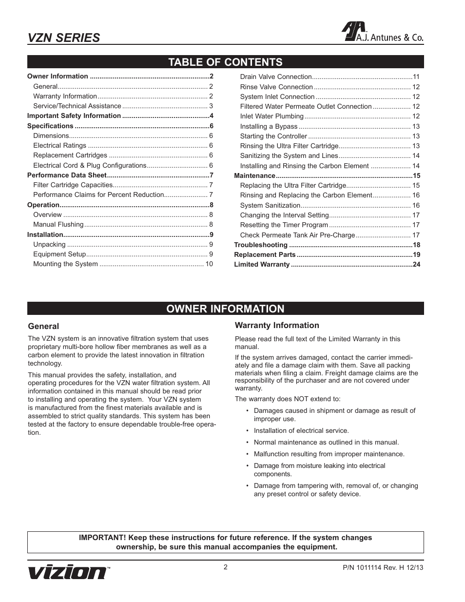 Vzn series, Owner information table of contents | A.J. Antunes & Co VZN-441HC 9700772 User Manual | Page 2 / 24