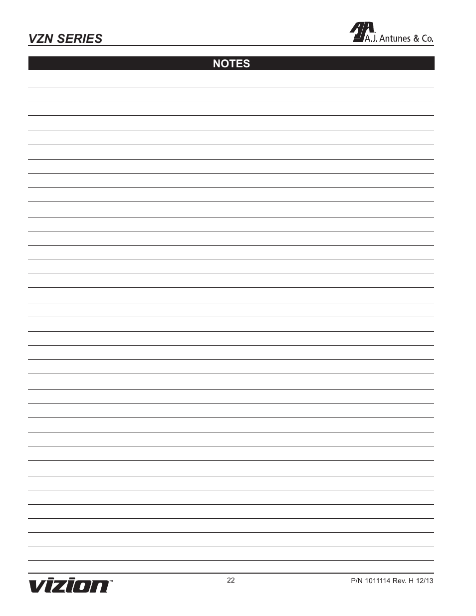 Vzn series | A.J. Antunes & Co VZN-441HC 9700772 User Manual | Page 22 / 24