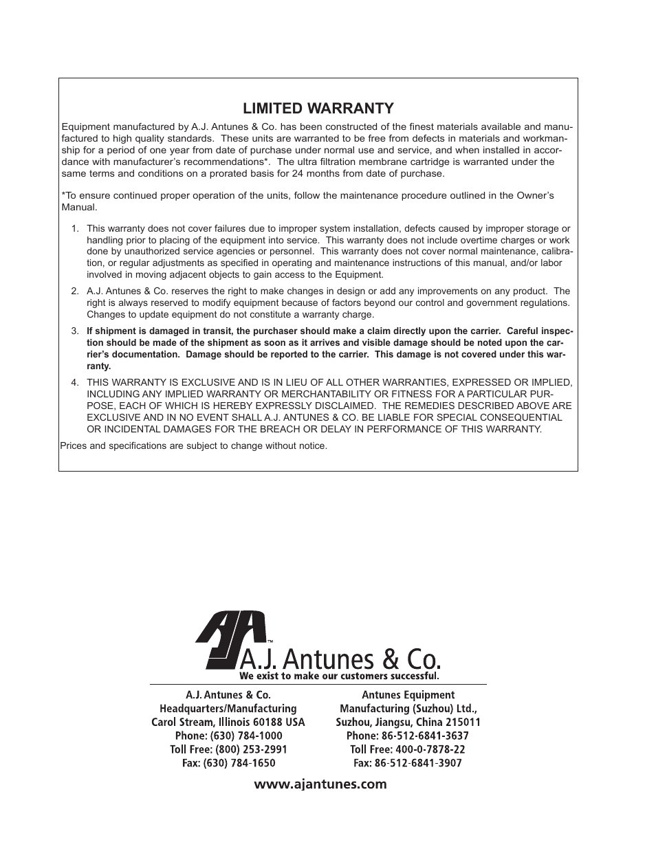 Limited warranty | A.J. Antunes & Co VZN-441HC 9700772 User Manual | Page 24 / 24