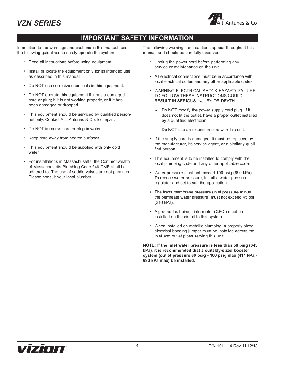 Vzn series, Important safety information | A.J. Antunes & Co VZN-441HC 9700772 User Manual | Page 4 / 24