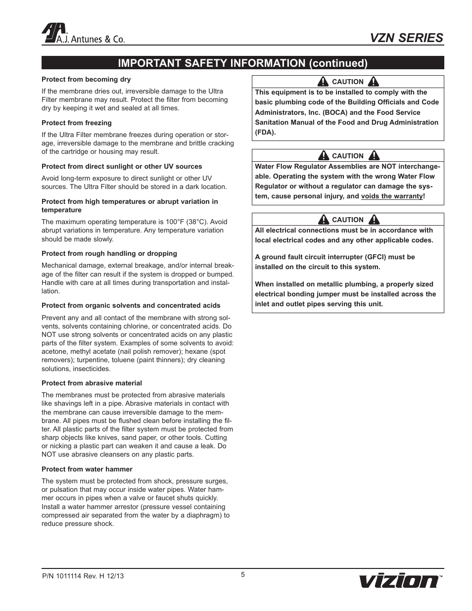 Vzn series, Important safety information (continued) | A.J. Antunes & Co VZN-441HC 9700772 User Manual | Page 5 / 24