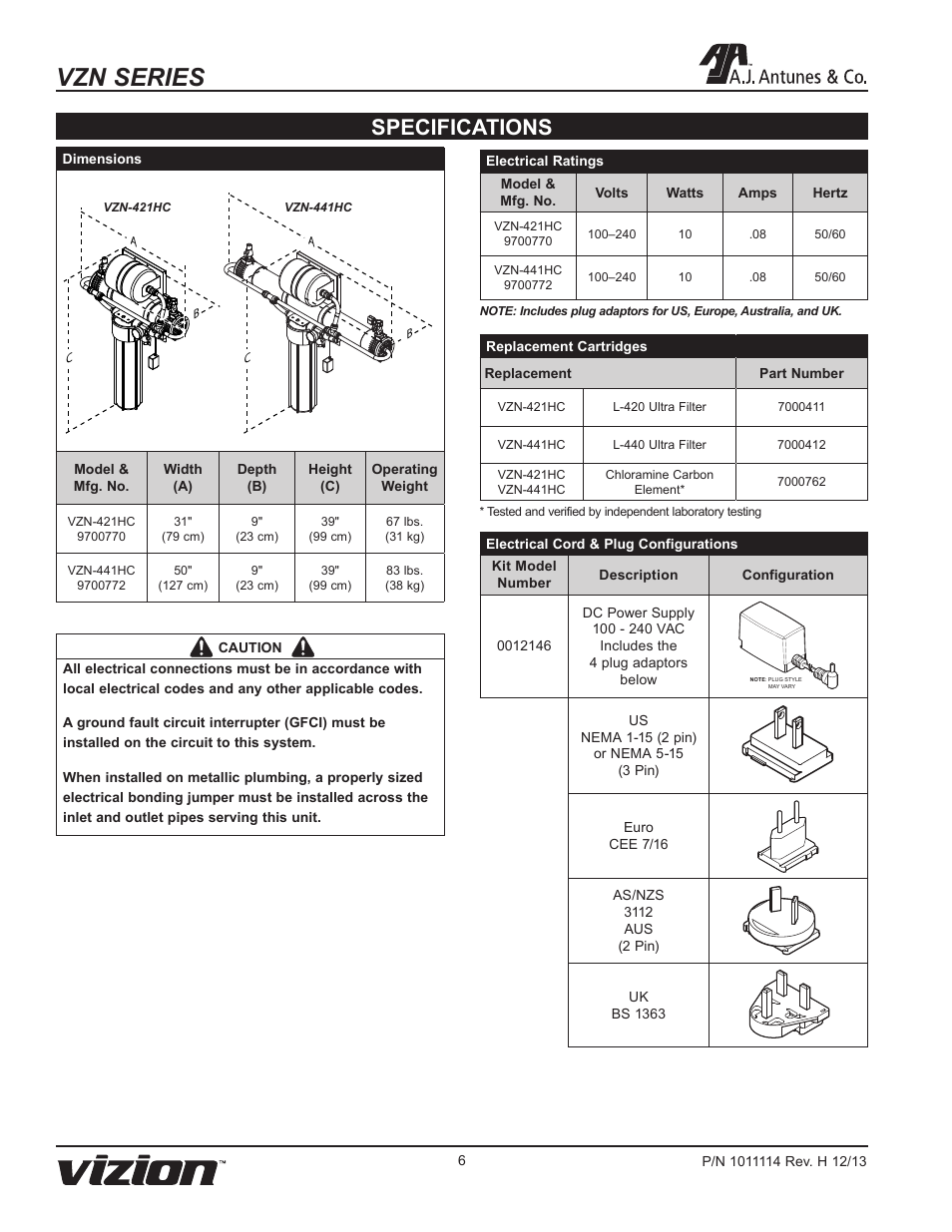 Vzn series, Specifications | A.J. Antunes & Co VZN-441HC 9700772 User Manual | Page 6 / 24