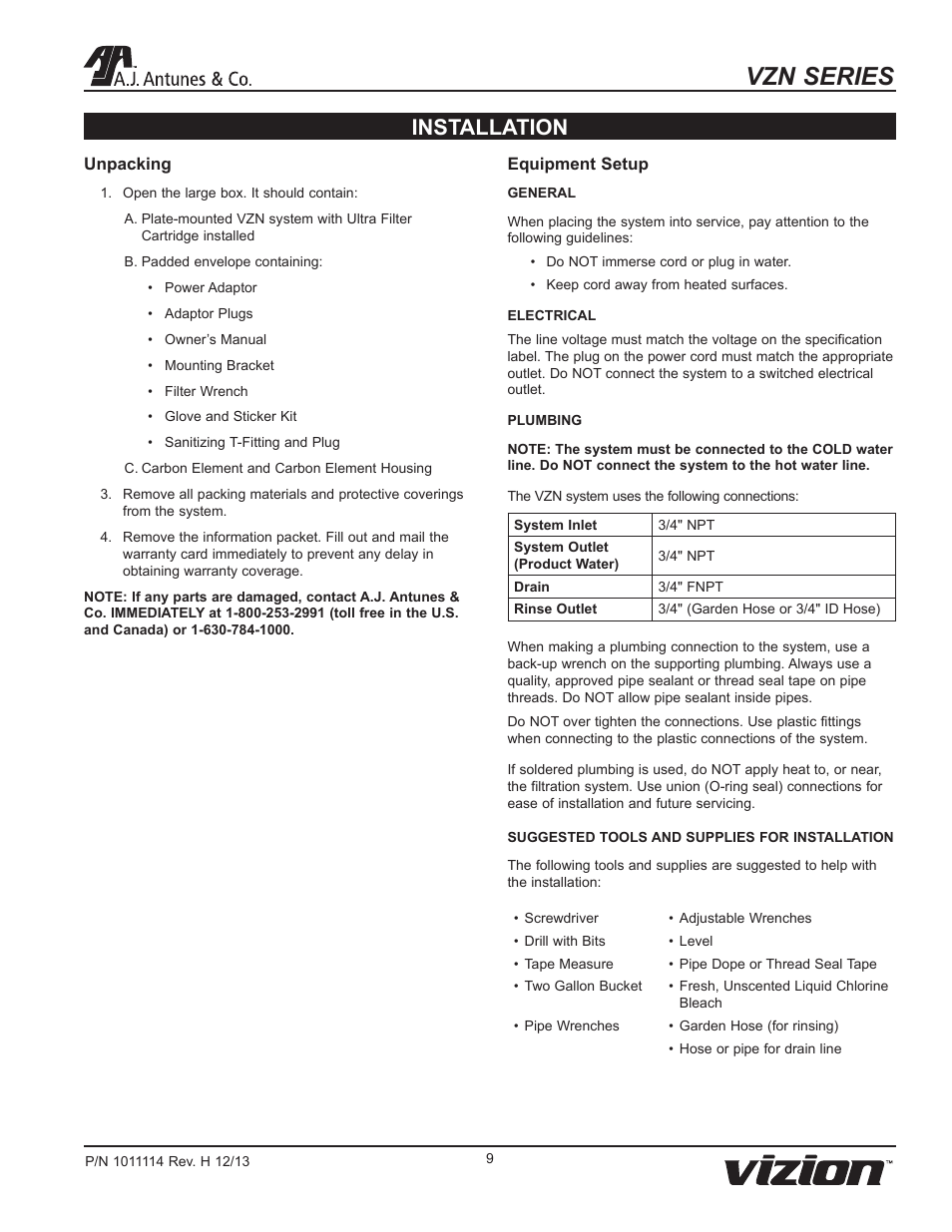 Vzn series, Installation | A.J. Antunes & Co VZN-441HC 9700772 User Manual | Page 9 / 24