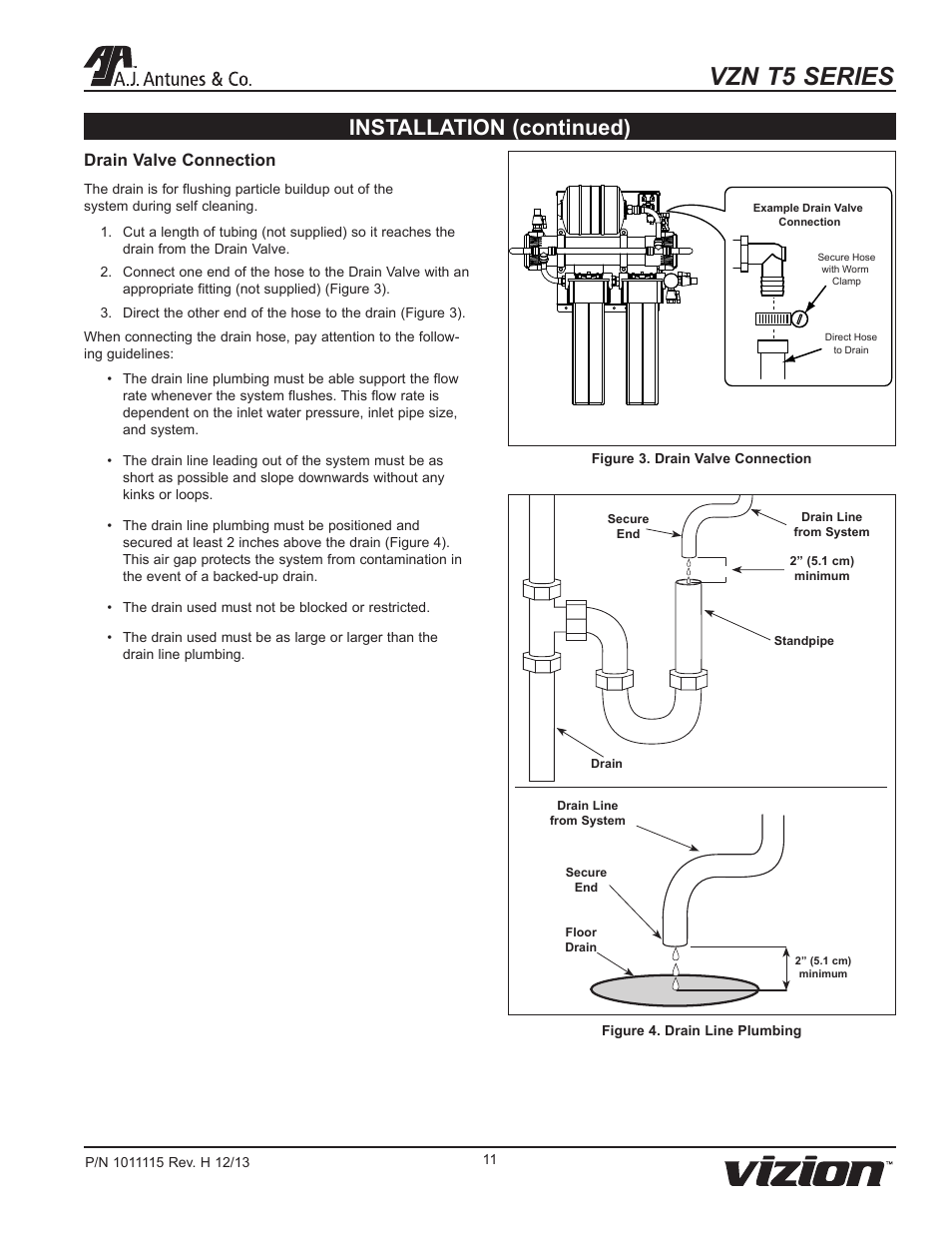 Vzn t5 series, Installation (continued), Drain valve connection | A.J. Antunes & Co VZN-441HC-T5 9700773 User Manual | Page 11 / 24