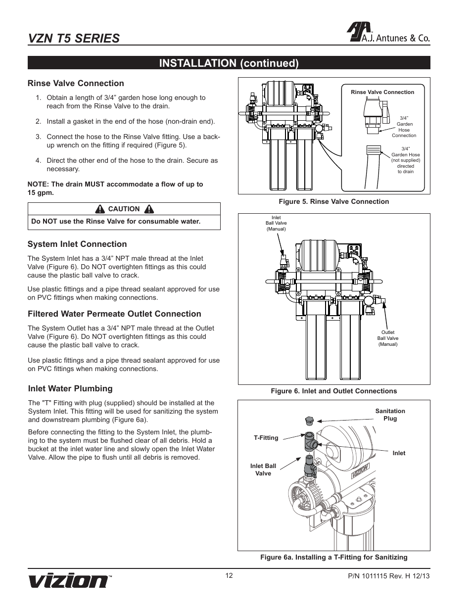 Vzn t5 series, Installation (continued), Rinse valve connection | System inlet connection, Filtered water permeate outlet connection, Inlet water plumbing | A.J. Antunes & Co VZN-441HC-T5 9700773 User Manual | Page 12 / 24