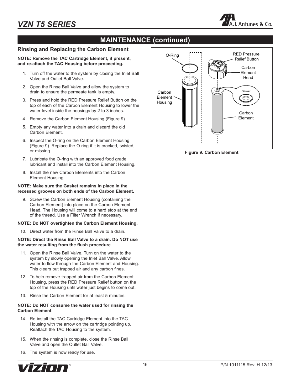 Vzn t5 series, Maintenance (continued) | A.J. Antunes & Co VZN-441HC-T5 9700773 User Manual | Page 16 / 24