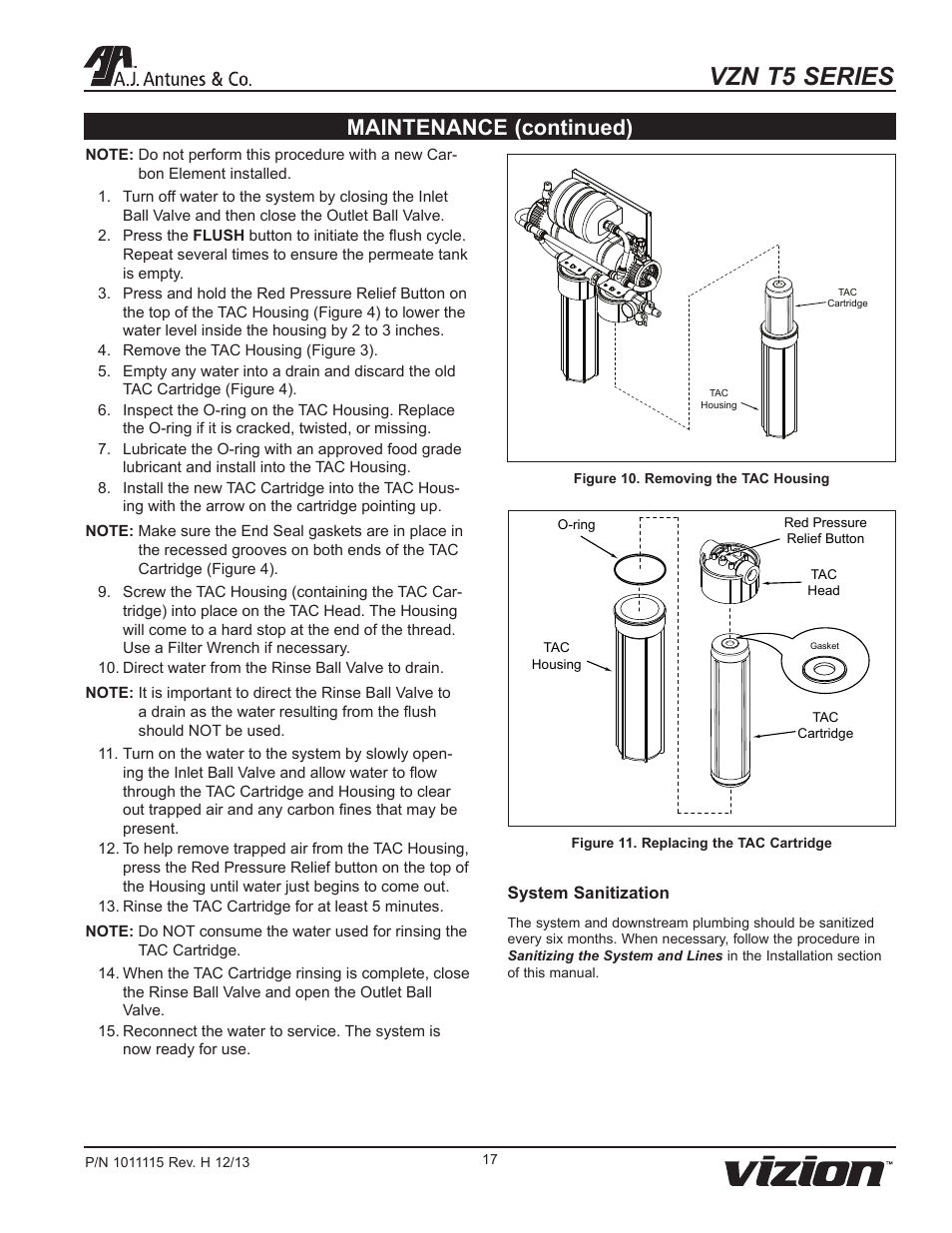 Vzn t5 series, Maintenance (continued) | A.J. Antunes & Co VZN-441HC-T5 9700773 User Manual | Page 17 / 24