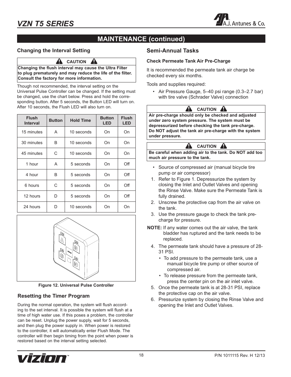 Vzn t5 series, Maintenance (continued), Semi-annual tasks | A.J. Antunes & Co VZN-441HC-T5 9700773 User Manual | Page 18 / 24