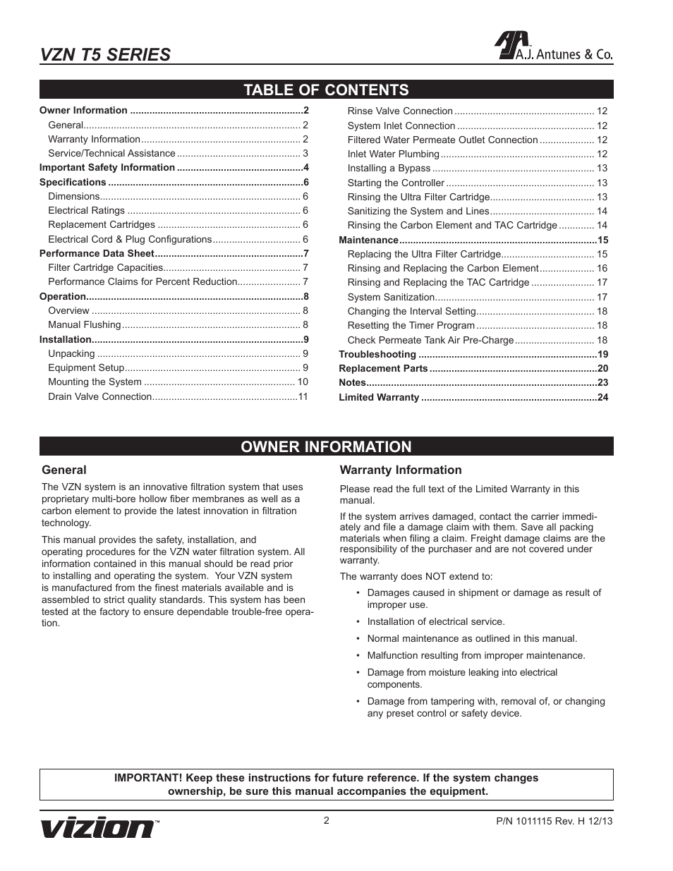 Vzn t5 series, Owner information table of contents | A.J. Antunes & Co VZN-441HC-T5 9700773 User Manual | Page 2 / 24