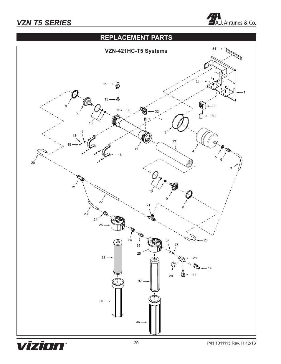 Vzn t5 series, Replacement parts, Vzn-421hc-t5 systems | A.J. Antunes & Co VZN-441HC-T5 9700773 User Manual | Page 20 / 24