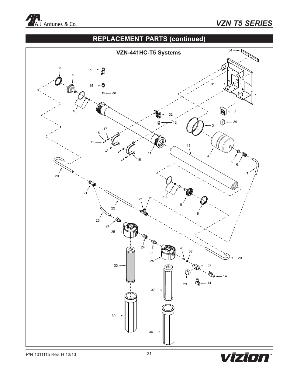 Vzn t5 series, Replacement parts (continued), Vzn-441hc-t5 systems | A.J. Antunes & Co VZN-441HC-T5 9700773 User Manual | Page 21 / 24