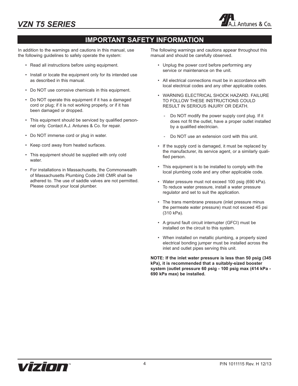 Vzn t5 series, Important safety information | A.J. Antunes & Co VZN-441HC-T5 9700773 User Manual | Page 4 / 24