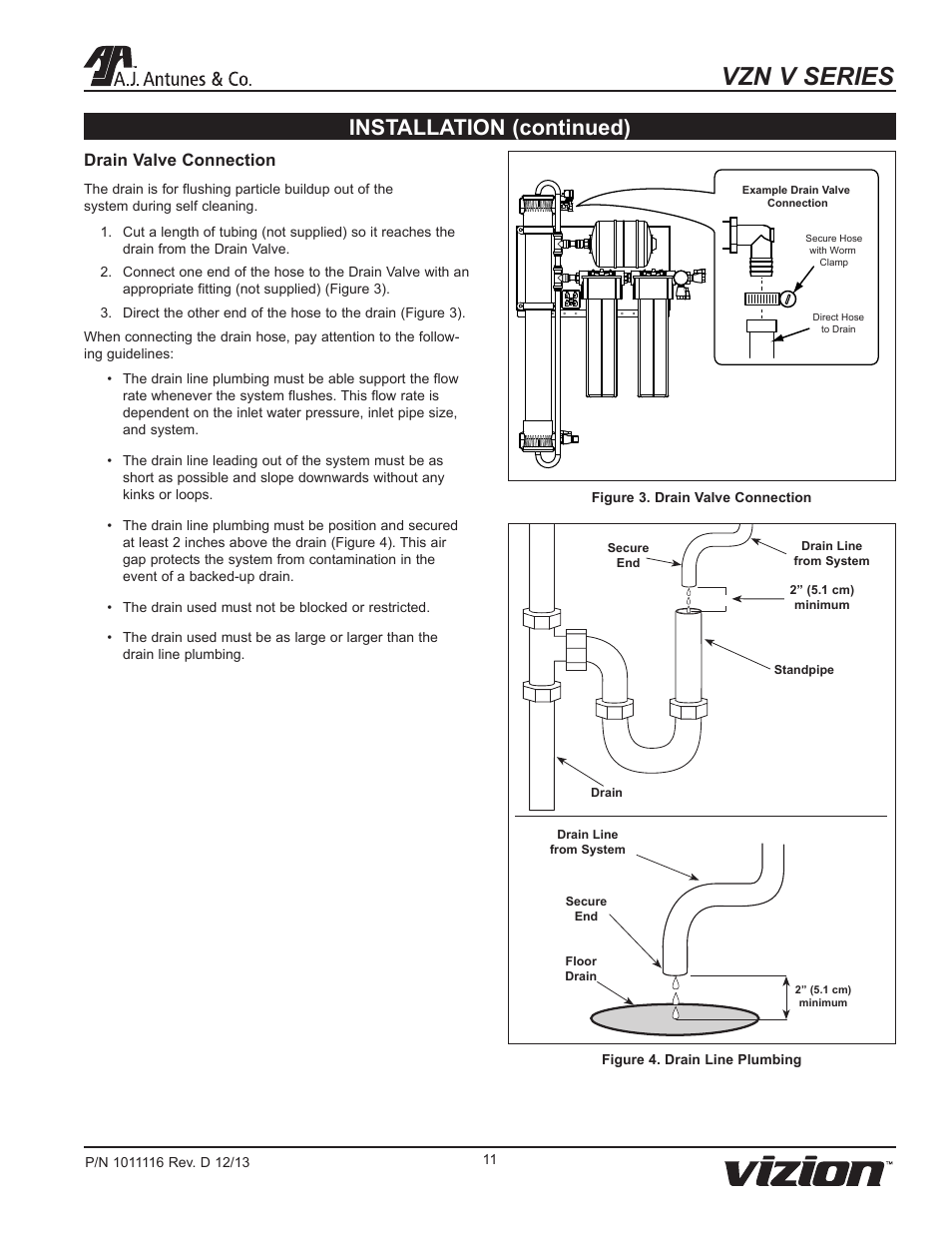 Vzn v series, Installation (continued), Drain valve connection | A.J. Antunes & Co VZN-441VC-T5 9700775 User Manual | Page 11 / 24