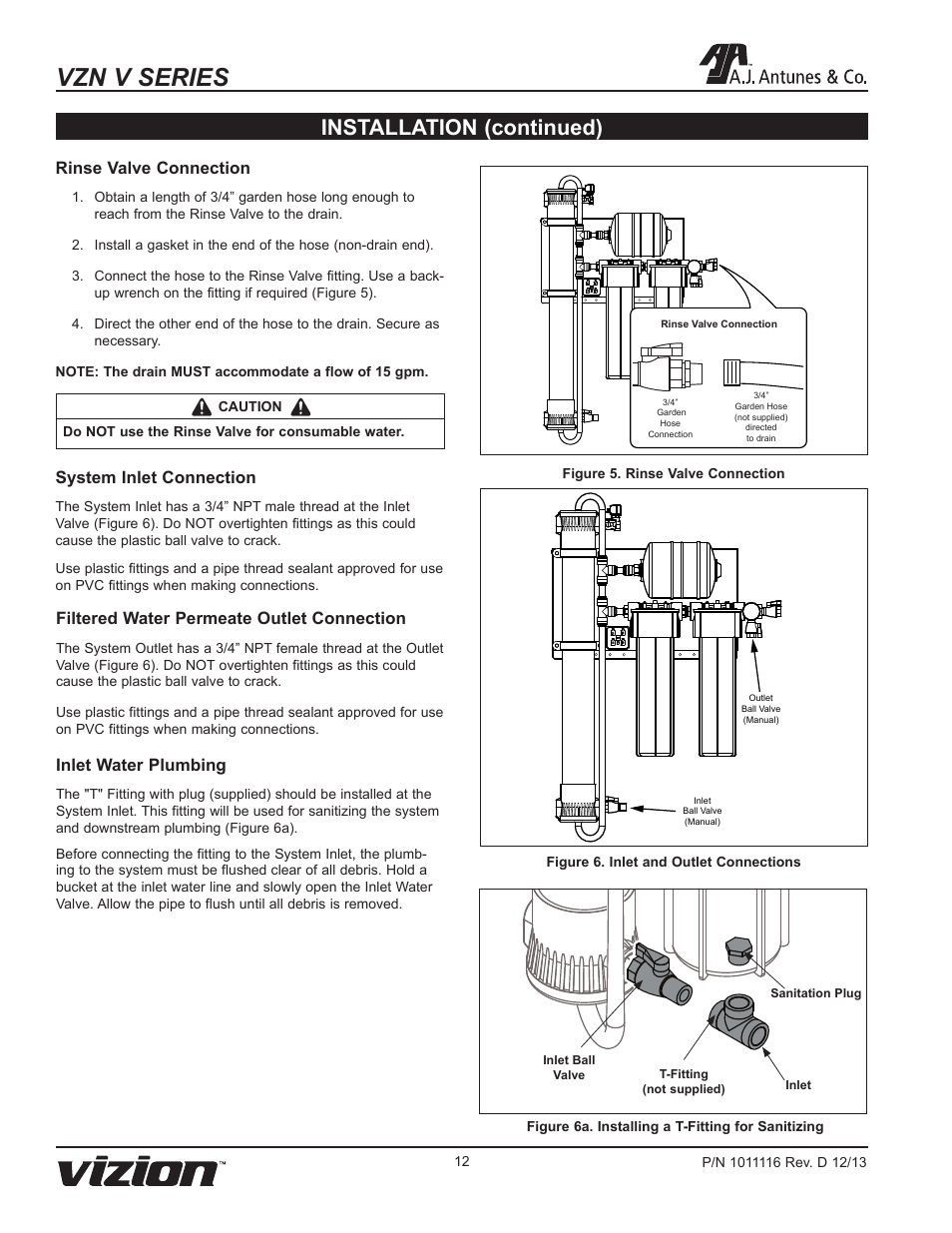 Vzn v series, Installation (continued), Rinse valve connection | System inlet connection, Inlet water plumbing, Filtered water permeate outlet connection | A.J. Antunes & Co VZN-441VC-T5 9700775 User Manual | Page 12 / 24