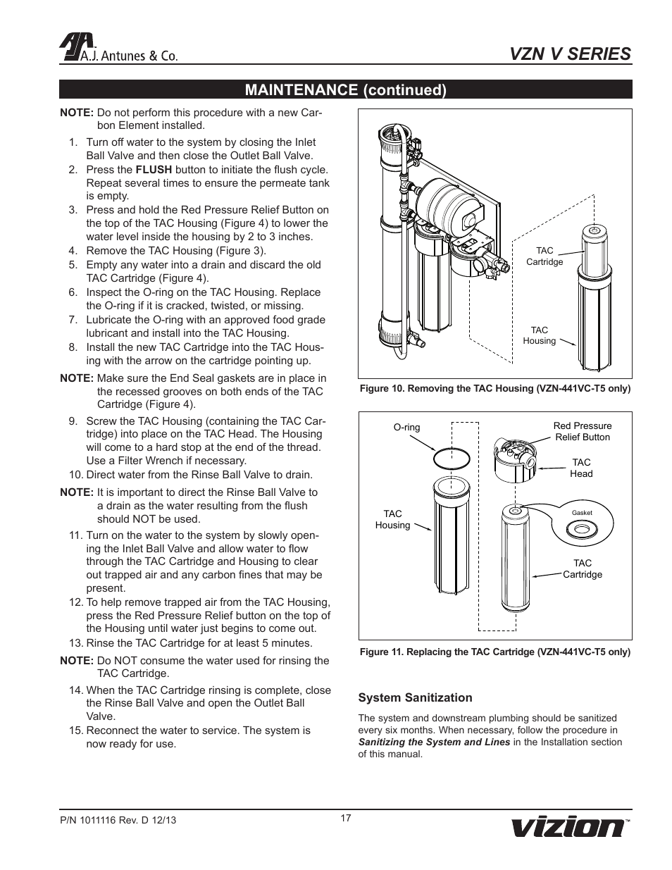 Vzn v series, Maintenance (continued) | A.J. Antunes & Co VZN-441VC-T5 9700775 User Manual | Page 17 / 24