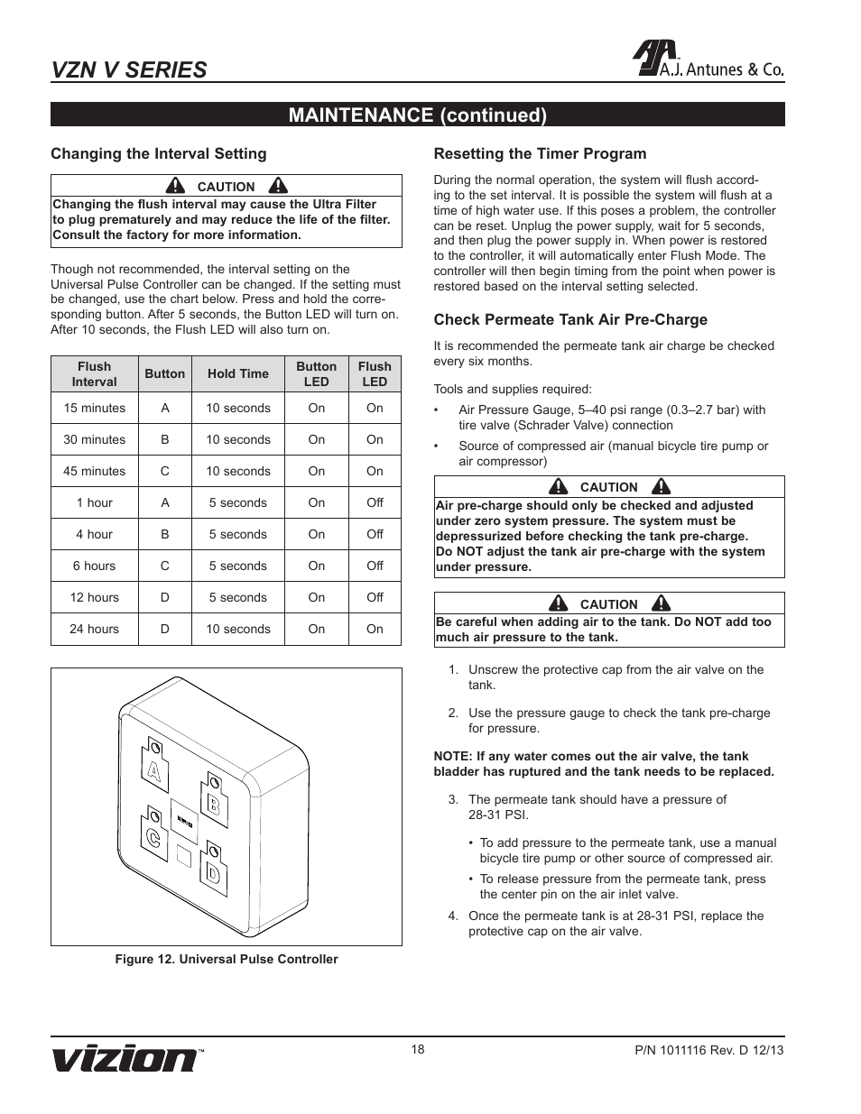 Vzn v series, Maintenance (continued) | A.J. Antunes & Co VZN-441VC-T5 9700775 User Manual | Page 18 / 24