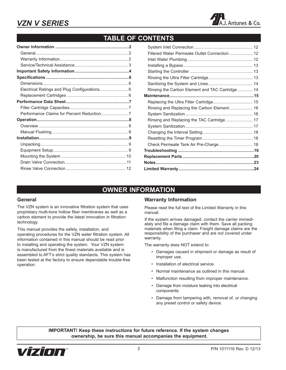Vzn v series, Owner information table of contents | A.J. Antunes & Co VZN-441VC-T5 9700775 User Manual | Page 2 / 24