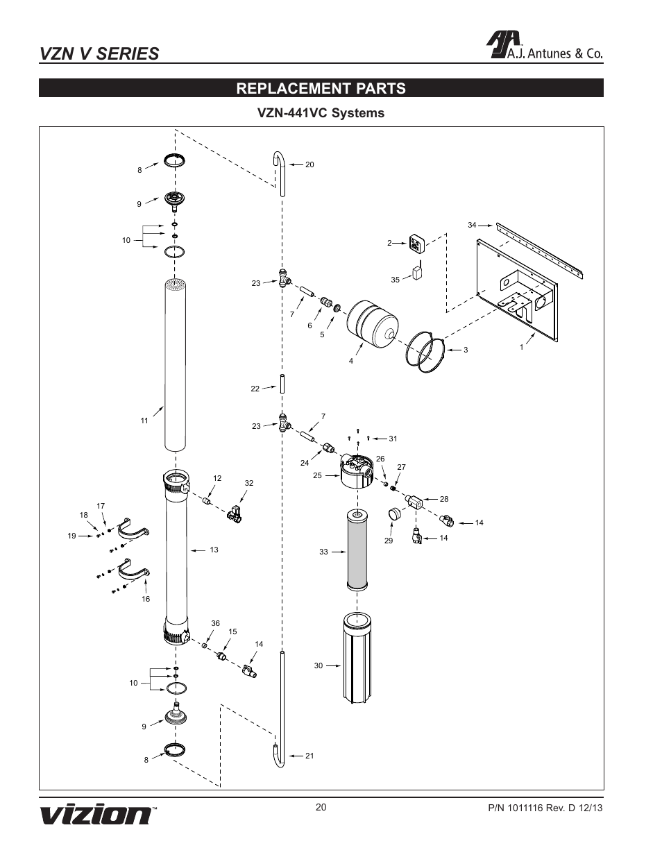 Vzn v series, Replacement parts, Vzn-441vc systems | A.J. Antunes & Co VZN-441VC-T5 9700775 User Manual | Page 20 / 24