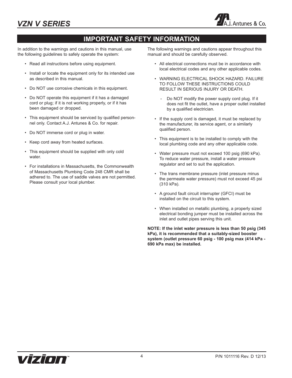 Vzn v series, Important safety information | A.J. Antunes & Co VZN-441VC-T5 9700775 User Manual | Page 4 / 24