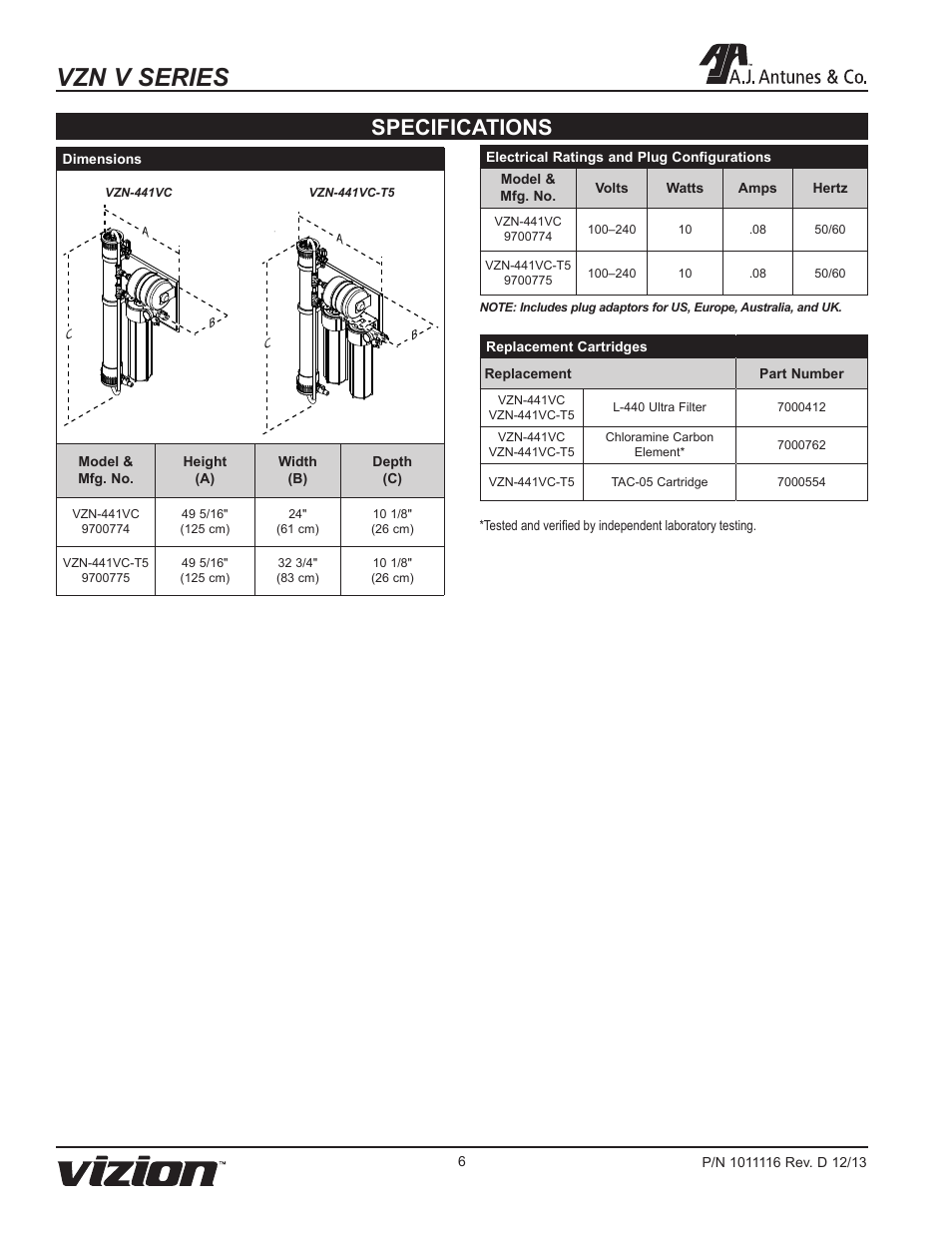 Vzn v series, Specifications | A.J. Antunes & Co VZN-441VC-T5 9700775 User Manual | Page 6 / 24
