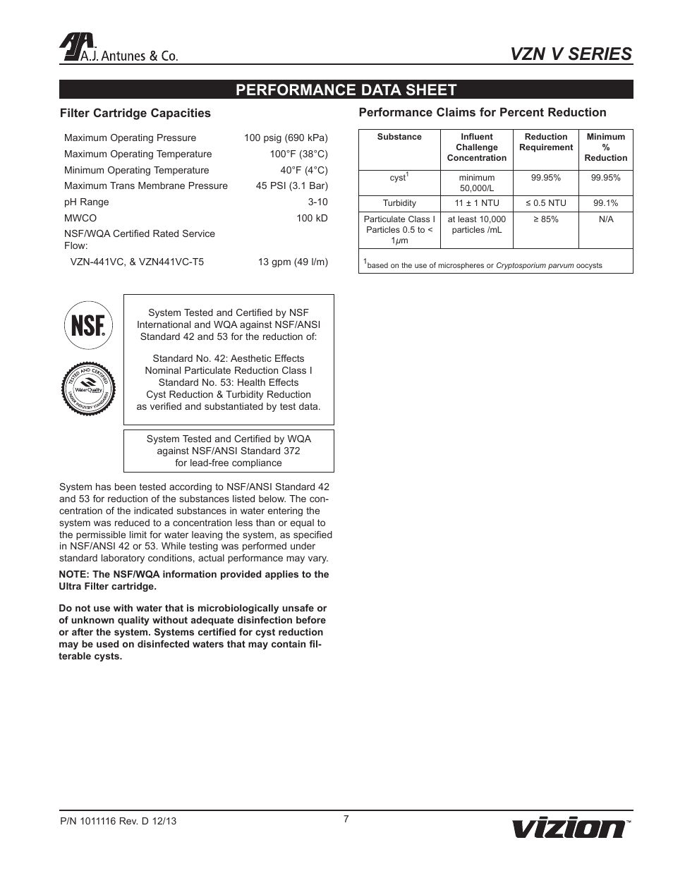 Vzn v series, Performance data sheet, Performance claims for percent reduction | Filter cartridge capacities | A.J. Antunes & Co VZN-441VC-T5 9700775 User Manual | Page 7 / 24