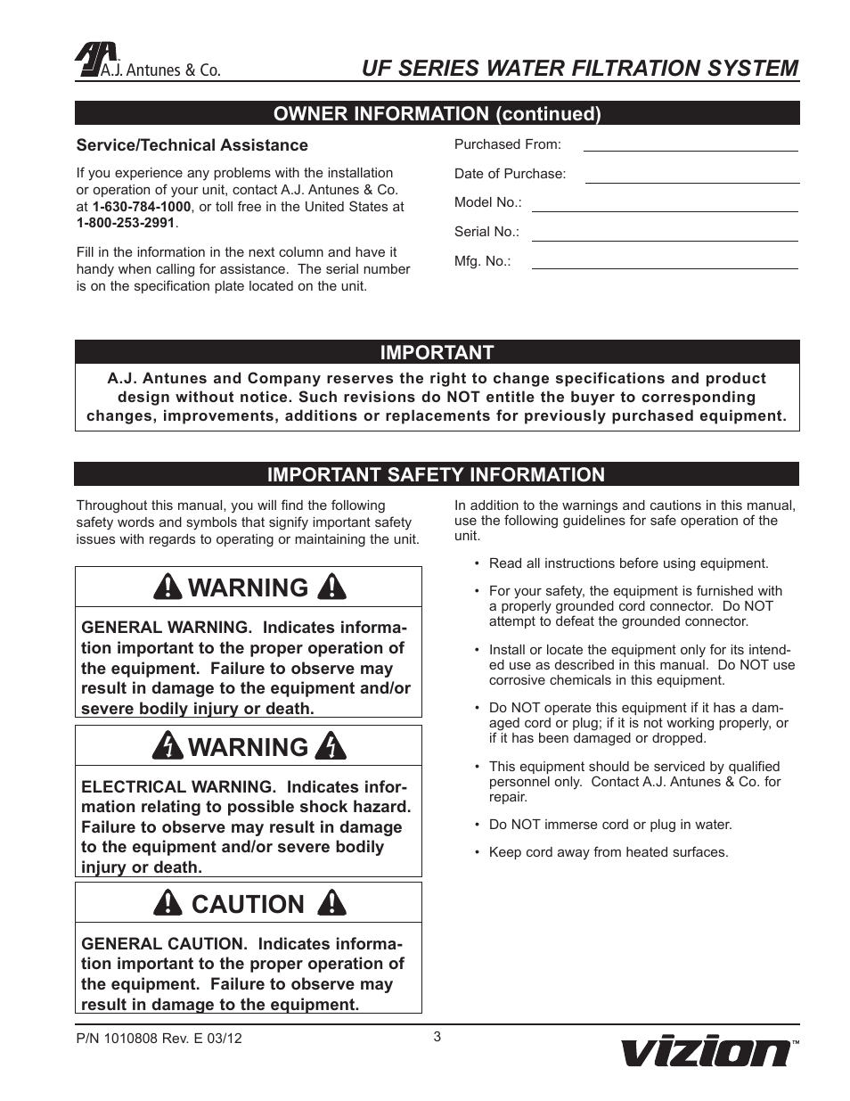 Warning, Caution, Uf series water filtration system | Important safety information, Owner information (continued) important | A.J. Antunes & Co UF-216 9700433 User Manual | Page 3 / 20