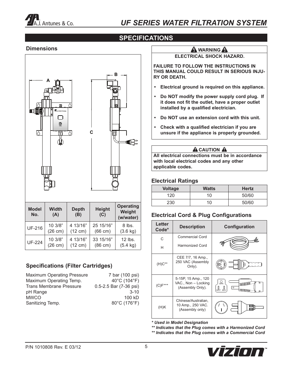 Uf series water filtration system, Specifications, A.j. antunes & co | A.J. Antunes & Co UF-216 9700433 User Manual | Page 5 / 20