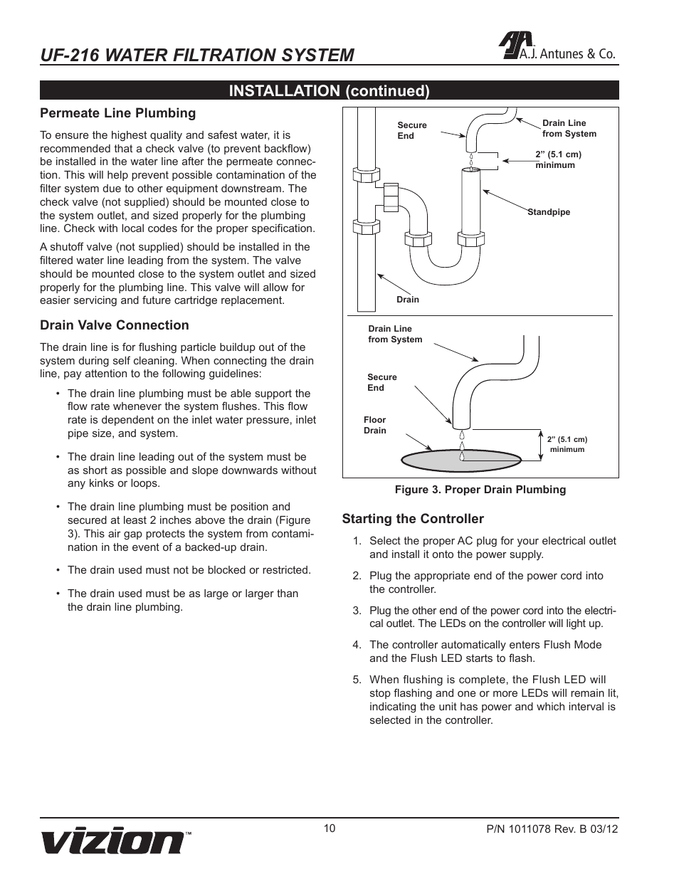 Uf-216 water filtration system, Installation (continued), A.j. antunes & co | A.J. Antunes & Co UF-216 9700435 User Manual | Page 10 / 16