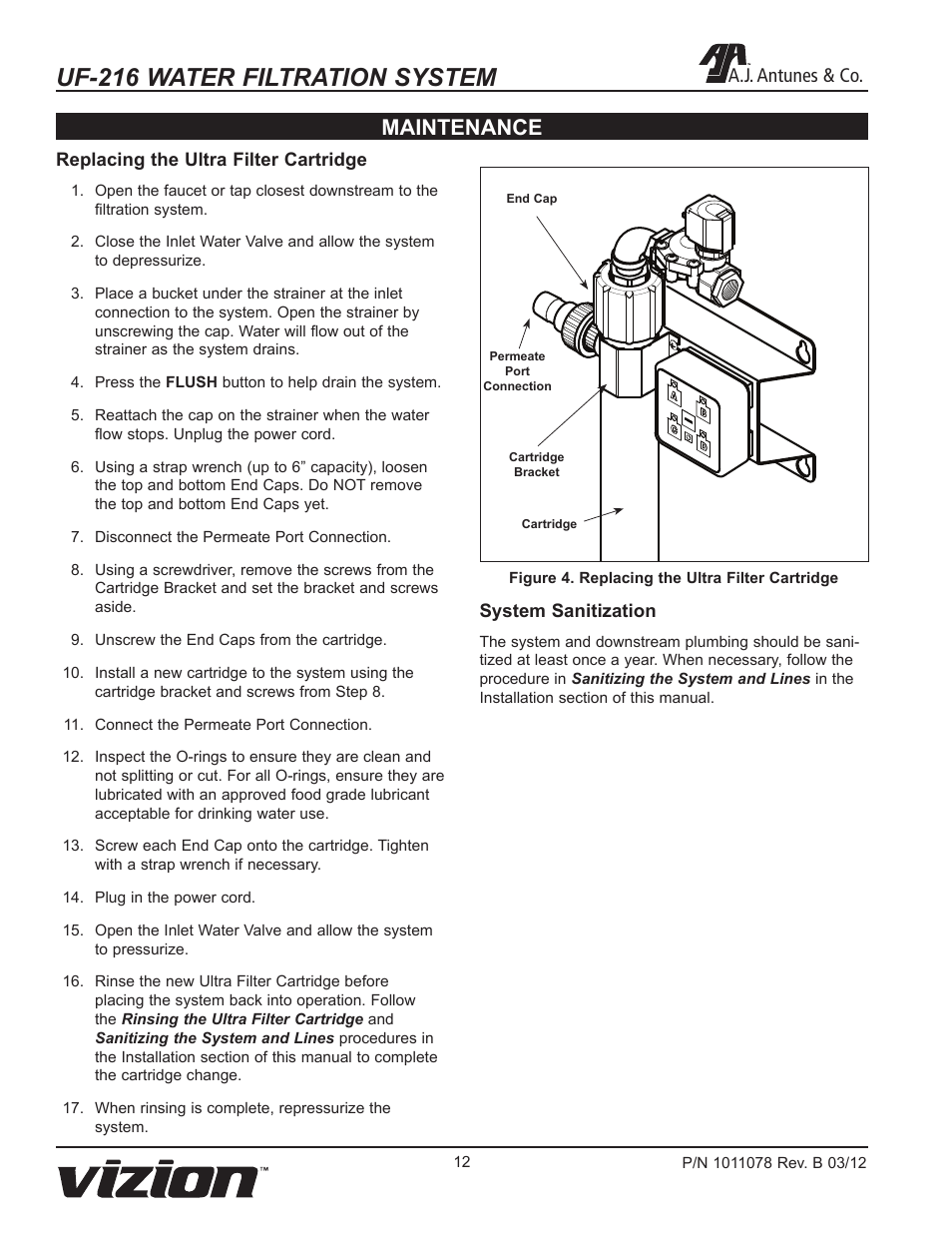 Uf-216 water filtration system, Maintenance, A.j. antunes & co | A.J. Antunes & Co UF-216 9700435 User Manual | Page 12 / 16