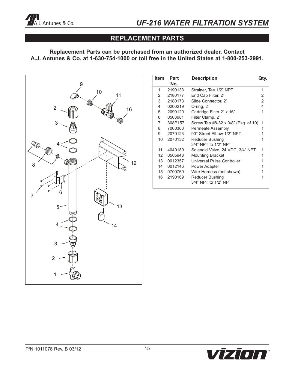 Uf-216 water filtration system, Replacement parts, A.j. antunes & co | A.J. Antunes & Co UF-216 9700435 User Manual | Page 15 / 16