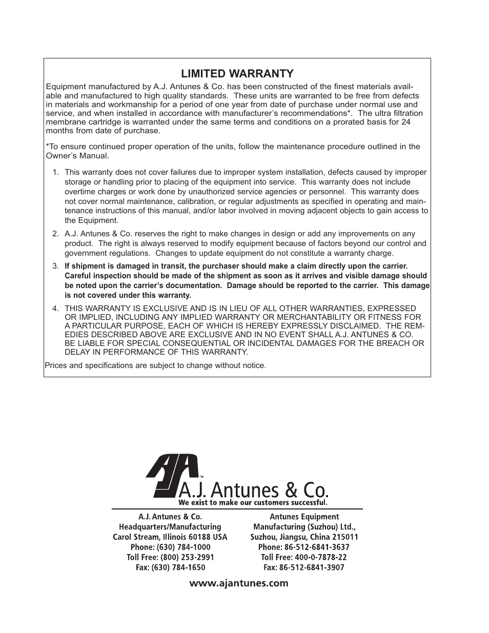 Limited warranty | A.J. Antunes & Co UF-216 9700435 User Manual | Page 16 / 16