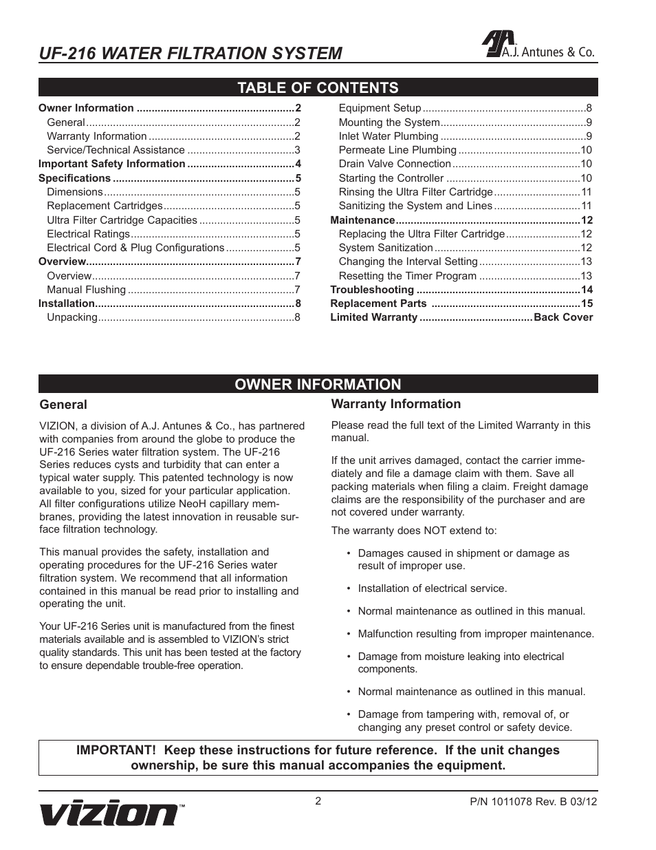 Uf-216 water filtration system, Owner information table of contents, A.j. antunes & co | A.J. Antunes & Co UF-216 9700435 User Manual | Page 2 / 16