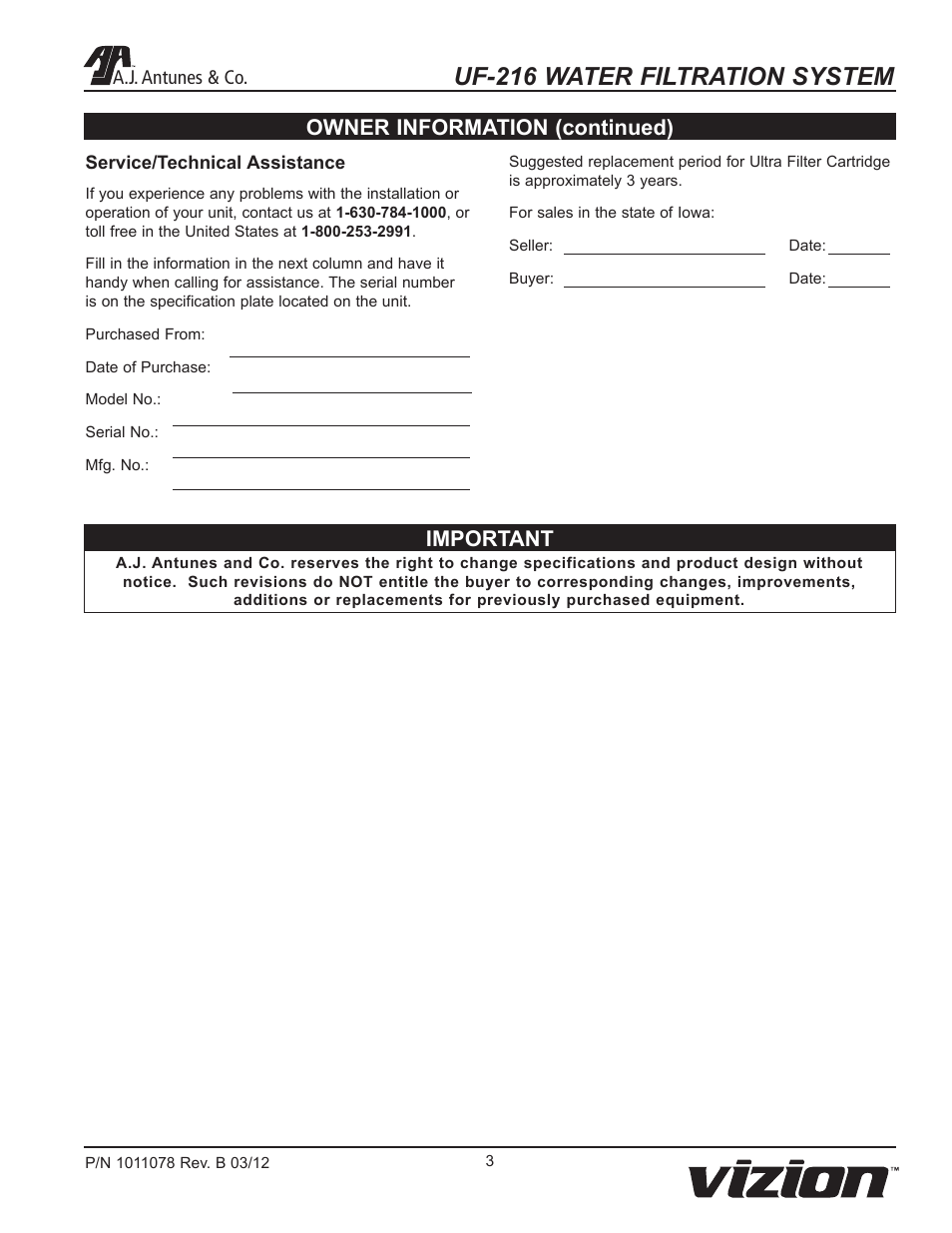 Uf-216 water filtration system, Owner information (continued) important | A.J. Antunes & Co UF-216 9700435 User Manual | Page 3 / 16