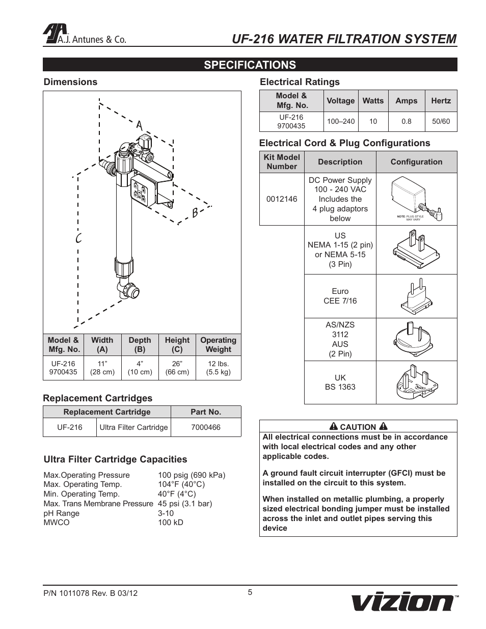 Uf-216 water filtration system, Specifications, A.j. antunes & co | A.J. Antunes & Co UF-216 9700435 User Manual | Page 5 / 16