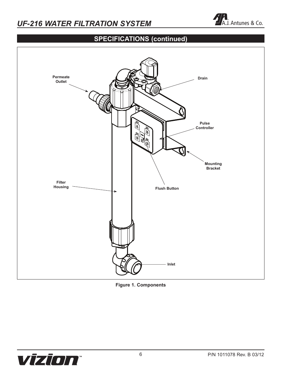 Uf-216 water filtration system, Specifications (continued), A.j. antunes & co | A.J. Antunes & Co UF-216 9700435 User Manual | Page 6 / 16