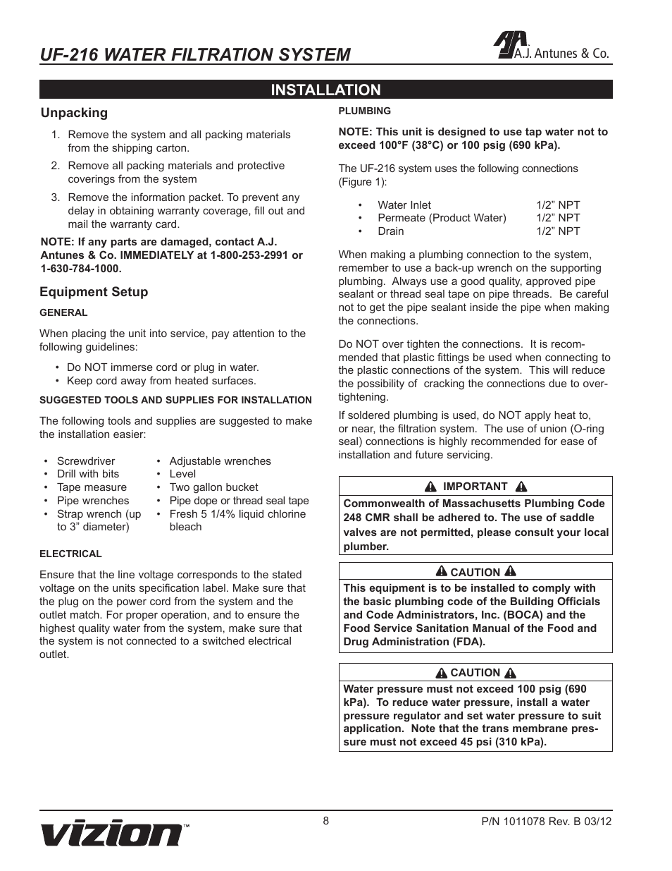 Uf-216 water filtration system, Installation, A.j. antunes & co | A.J. Antunes & Co UF-216 9700435 User Manual | Page 8 / 16