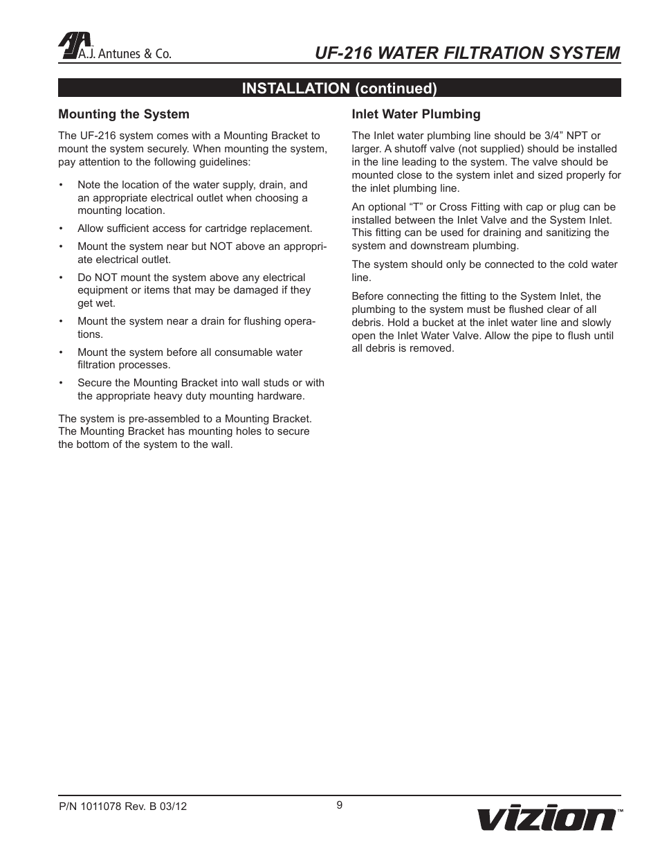 Uf-216 water filtration system, Installation (continued) | A.J. Antunes & Co UF-216 9700435 User Manual | Page 9 / 16