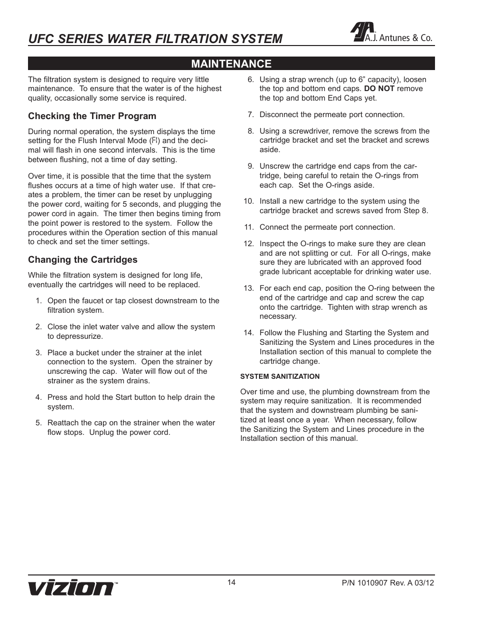 Ufc series water filtration system, Maintenance, A.j. antunes & co | A.J. Antunes & Co UFC-216 9700603 User Manual | Page 14 / 20