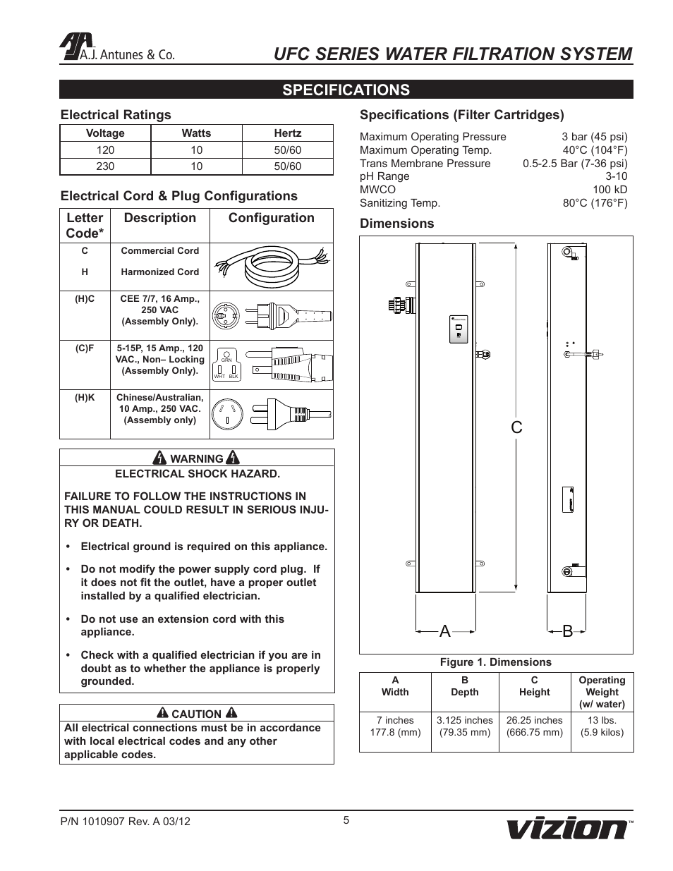 Ufc series water filtration system, Ab c, Specifications | A.j. antunes & co | A.J. Antunes & Co UFC-216 9700603 User Manual | Page 5 / 20