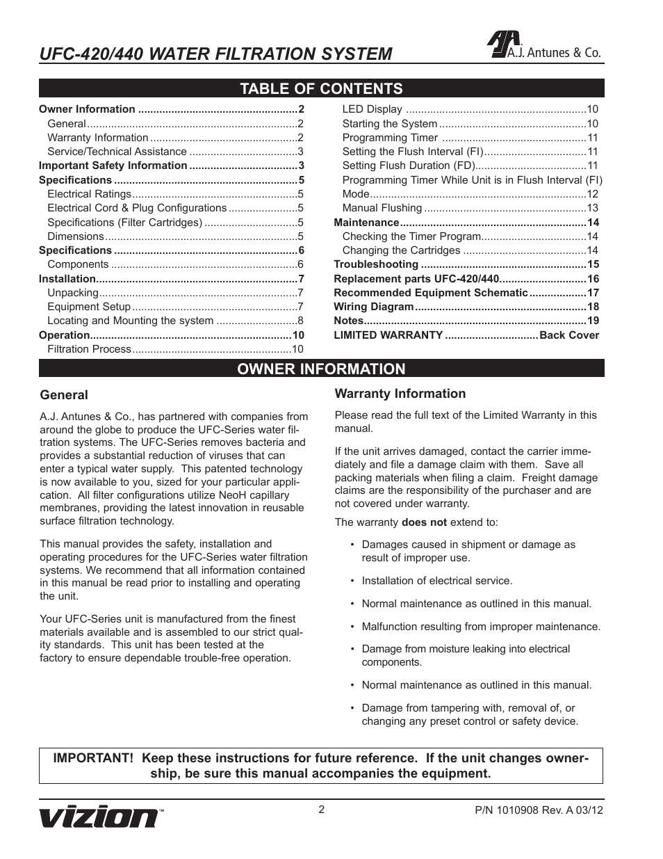 Owner information table of contents, A.j. antunes & co | A.J. Antunes & Co UFC-440 9700616 User Manual | Page 2 / 20