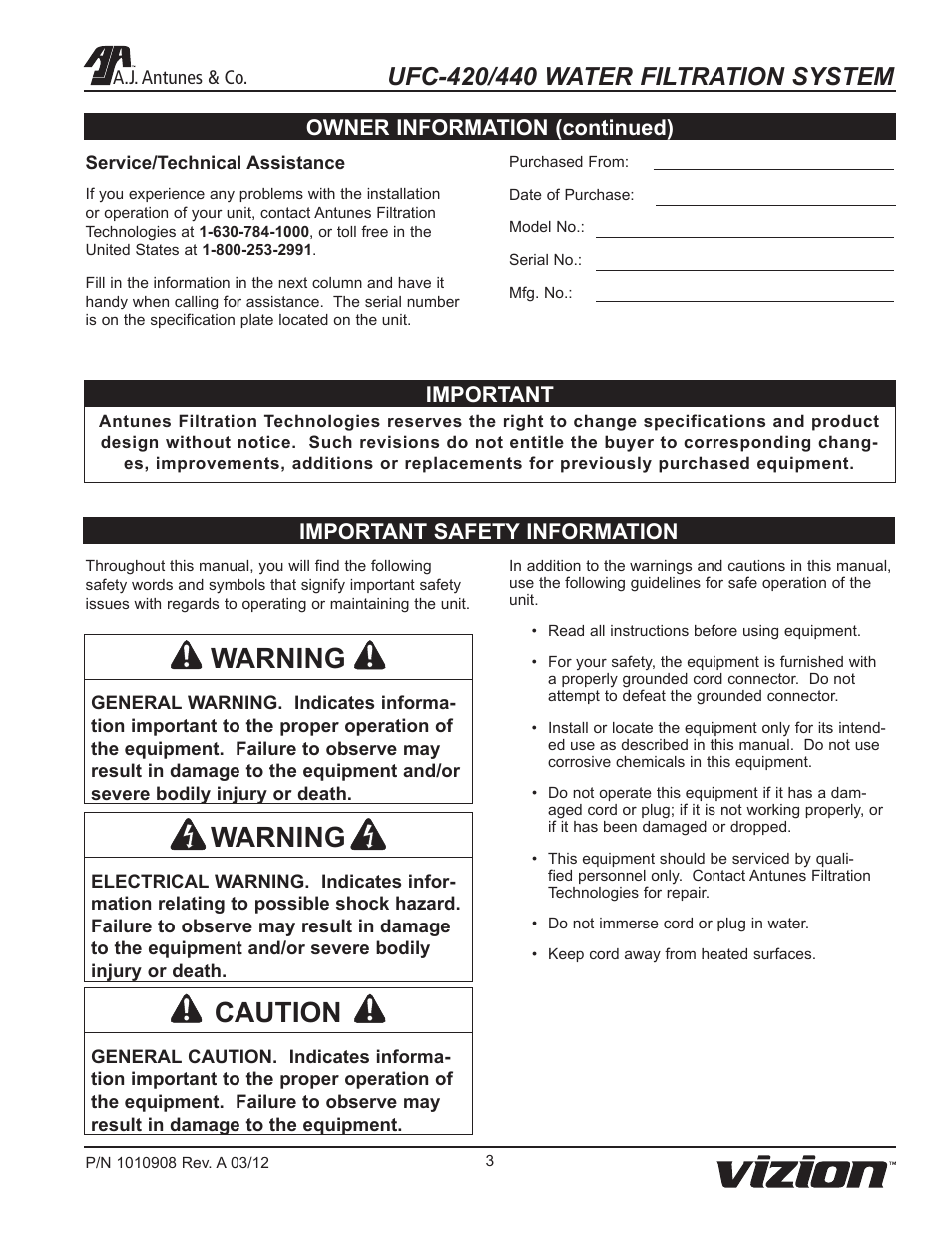 Warning, Caution, Important safety information | Owner information (continued) important | A.J. Antunes & Co UFC-440 9700616 User Manual | Page 3 / 20