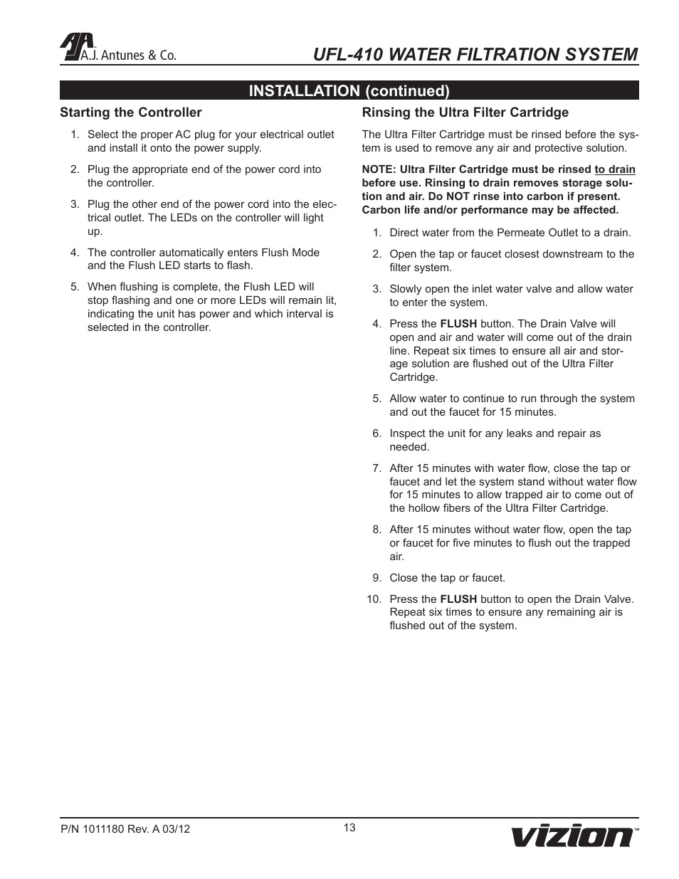 Ufl-410 water filtration system, Installation (continued), A.j. antunes & co | A.J. Antunes & Co UFL-410 9700459 User Manual | Page 13 / 20