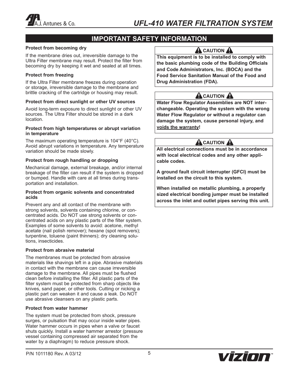 Ufl-410 water filtration system, Important safety information, A.j. antunes & co | A.J. Antunes & Co UFL-410 9700459 User Manual | Page 5 / 20