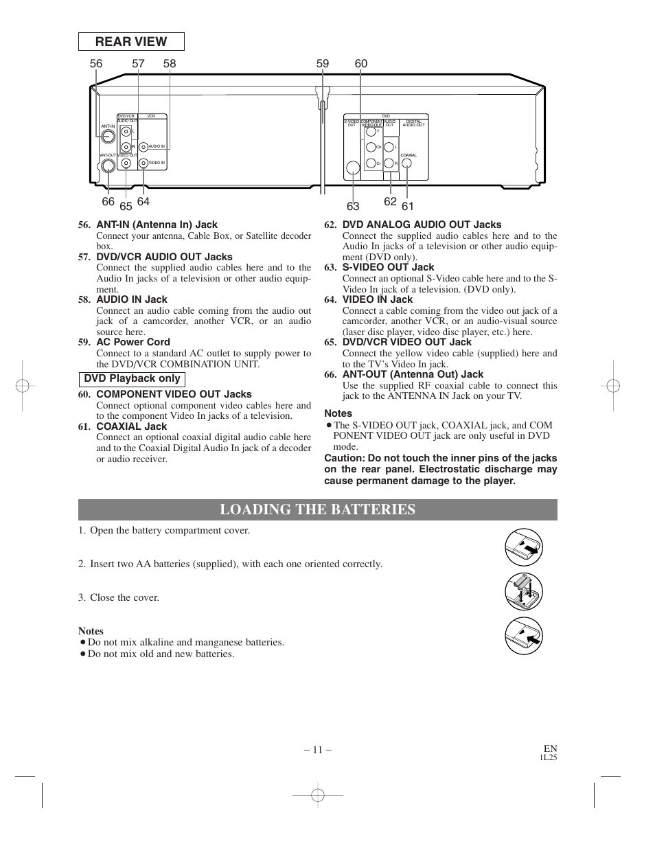Loading the batteries, Rear view, Do not mix alkaline and manganese batteries | Do not mix old and new batteries, Dvd playback only | Audiovox AXWD2003 User Manual | Page 11 / 34