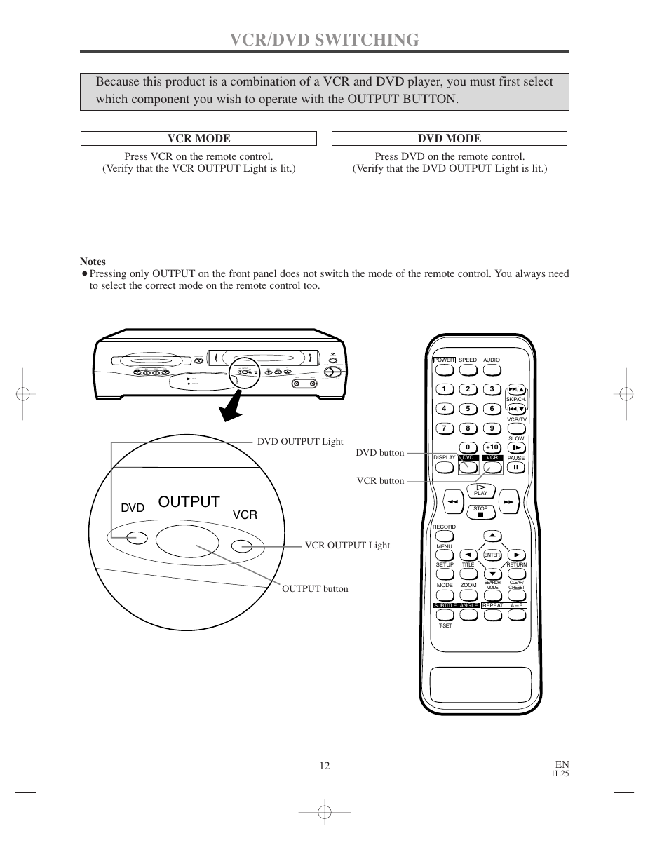 Vcr/dvd switching, Output, Vcr mode | Dvd mode, Dvd vcr | Audiovox AXWD2003 User Manual | Page 12 / 34