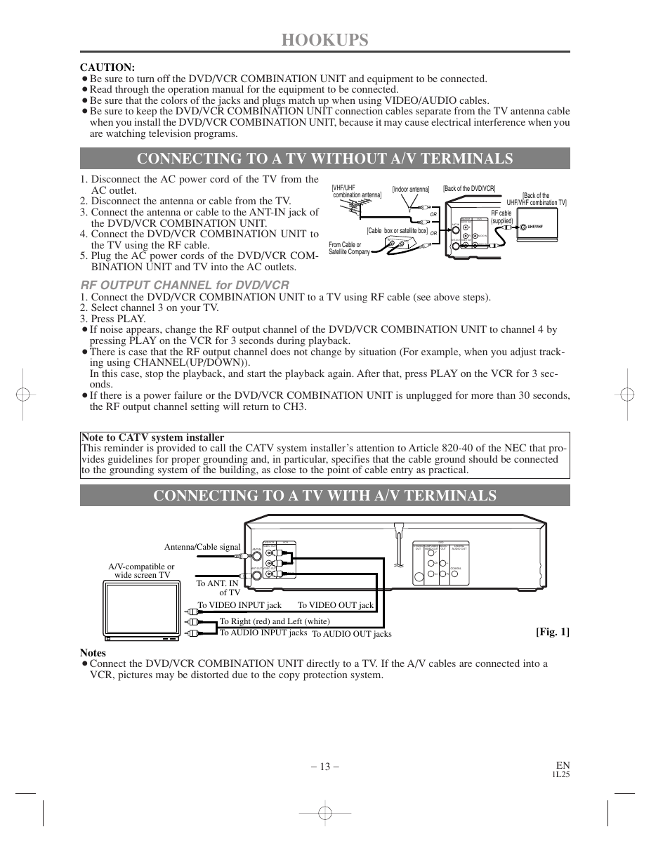 Hookups, Connecting to a tv with a/v terminals, Connecting to a tv without a/v terminals | Rf output channel for dvd/vcr, Caution | Audiovox AXWD2003 User Manual | Page 13 / 34
