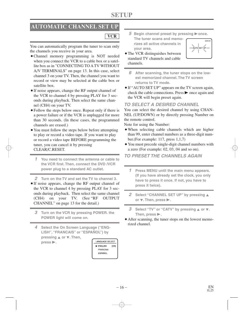 Setup, Automatic channel set up | Audiovox AXWD2003 User Manual | Page 16 / 34