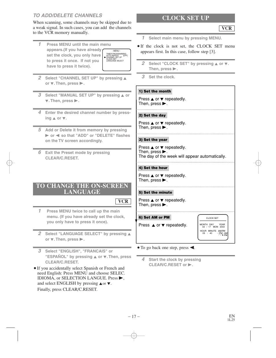 Clock set up, Vcr to add/delete channels | Audiovox AXWD2003 User Manual | Page 17 / 34
