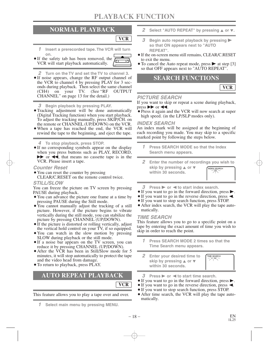 Playback function, Normal playback, Auto repeat playback | Search functions | Audiovox AXWD2003 User Manual | Page 18 / 34